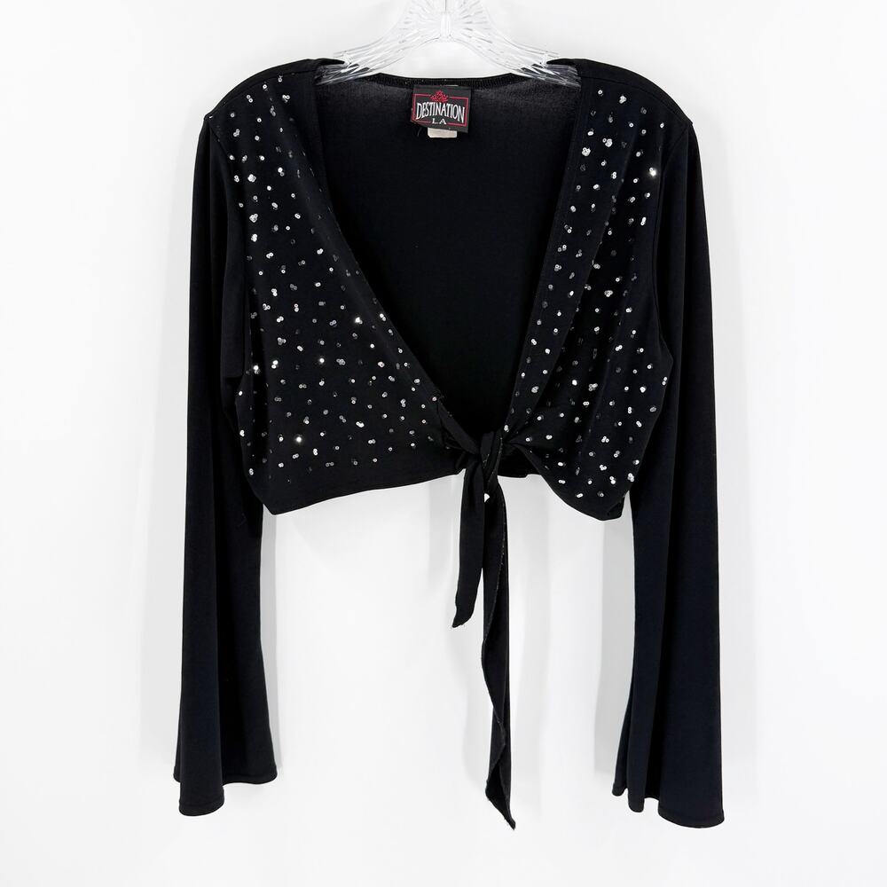 Y2K Black Sequin Tie Front Shrug Bell Sleeve Party Crop Top XL